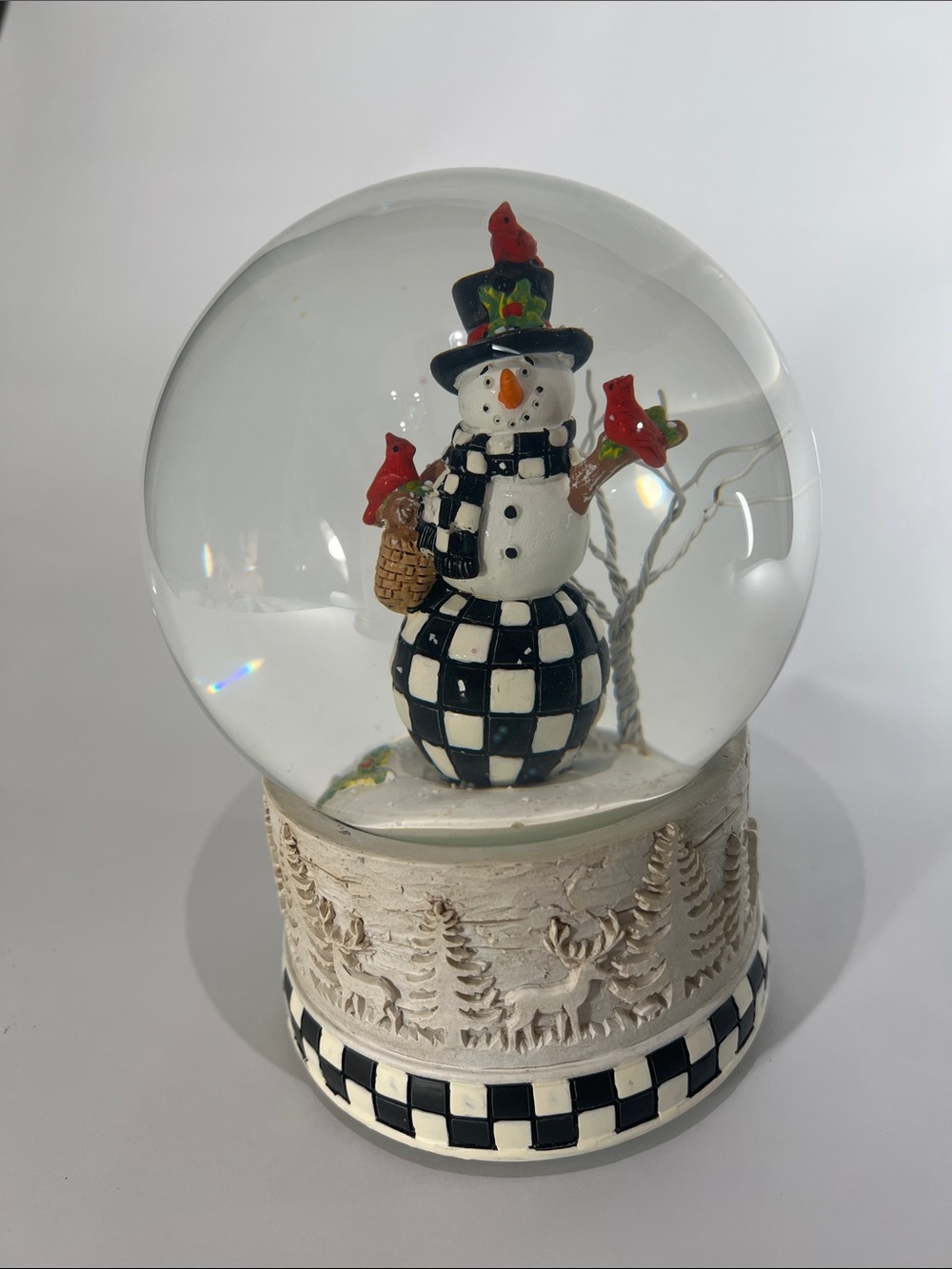 MacKenzie-Childs Black & White Check Snowman Globe with Red Cardinals